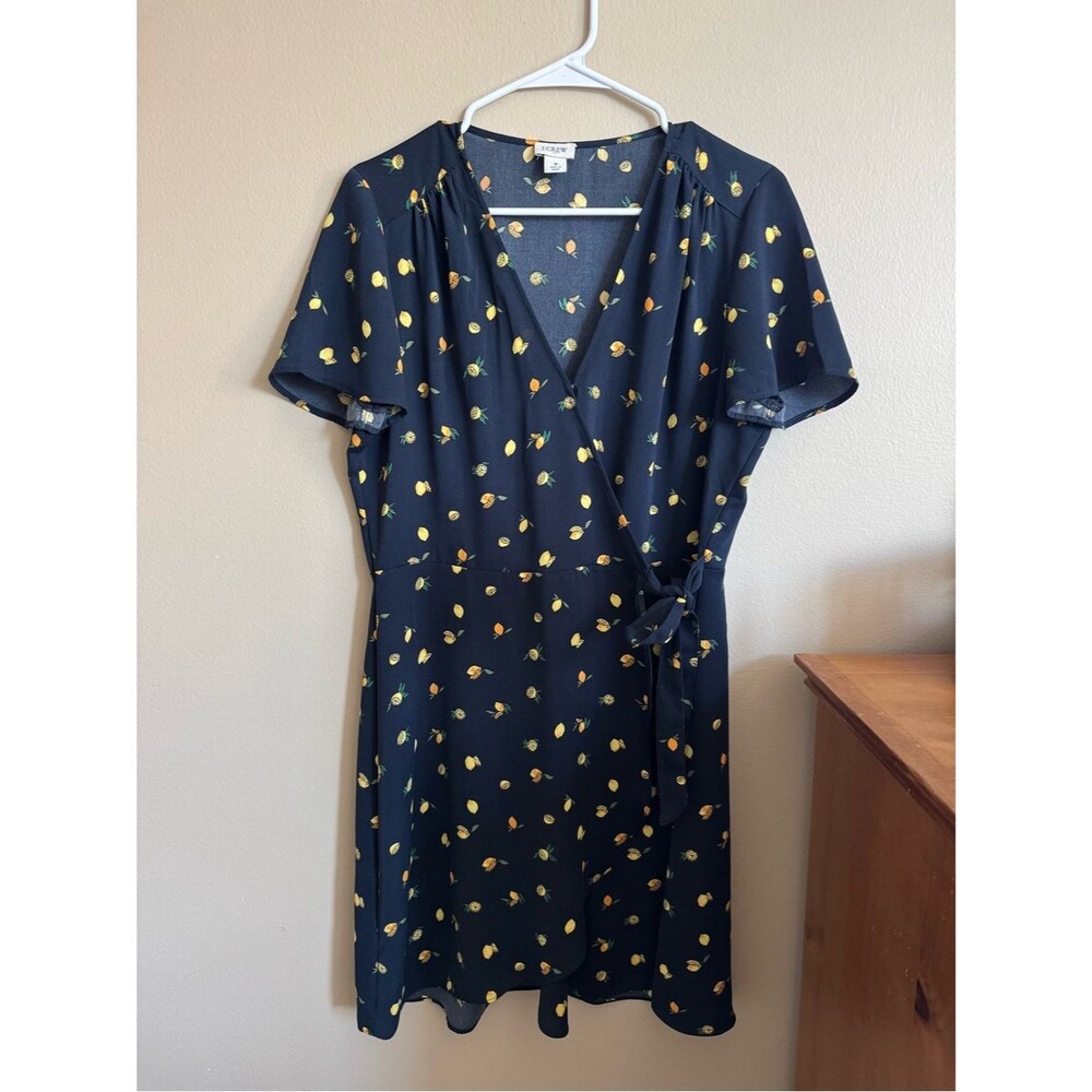 J. Crew Navy Lemon Print Faux Wrap Dress Size 8